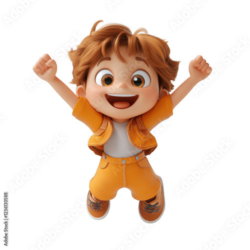 A cartoon boy is jumping in the air with his arms raised