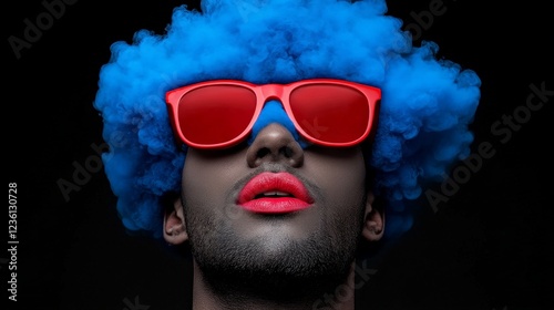 Bold & Blue: A striking portrait of a confident individual sporting a bold blue wig and oversized red sunglasses, exuding an air of playful defiance and individuality.