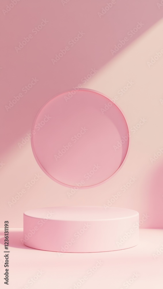 Minimalist Pink Product Display Podium with Floating Oval Frame and Soft Shadows for Cosmetic Presentation Minimalist Pink Product Display Podium with Floating Oval Frame and Soft Shadows for Cosmetic Presentation