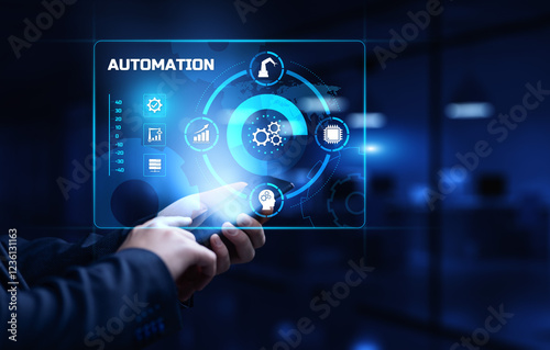 Automation Innovation technology concept. Businessman pressing button on screen. photo