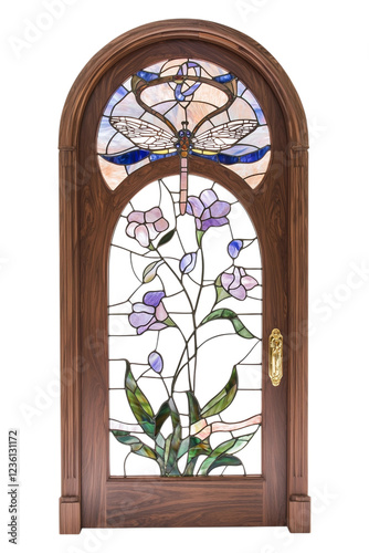 Elegant Stained Glass Door with Floral and Bird Motif