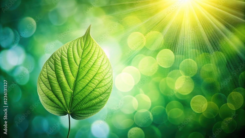 A single leaf, with intricate veins, basks in the warm glow of the sun, surrounded by a vibrant bokeh of green hues.