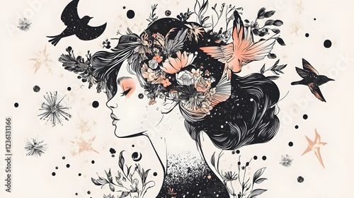 Enchanting Floral Goddess in Mystical Celestial Night Sky