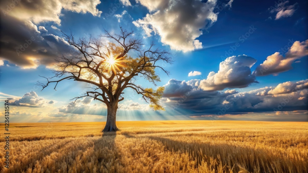 Fototapeta premium Golden rays of sunlight break through the clouds and illuminate a solitary tree standing tall in a field of golden wheat.