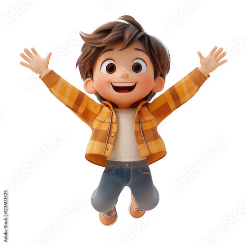 A cartoon boy is jumping in the air with his arms outstretched