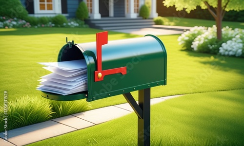 Open green mailbox filled with letters in front of a house on a sunny day