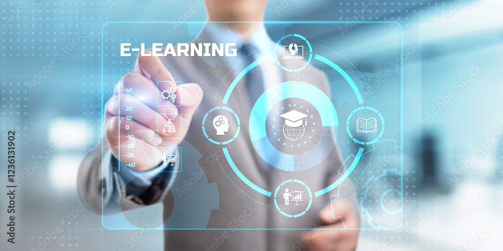 E-learning Online learning distance education concept. Businessman pressing button on screen. E-learning Online learning distance education concept. Businessman pressing button on screen.
