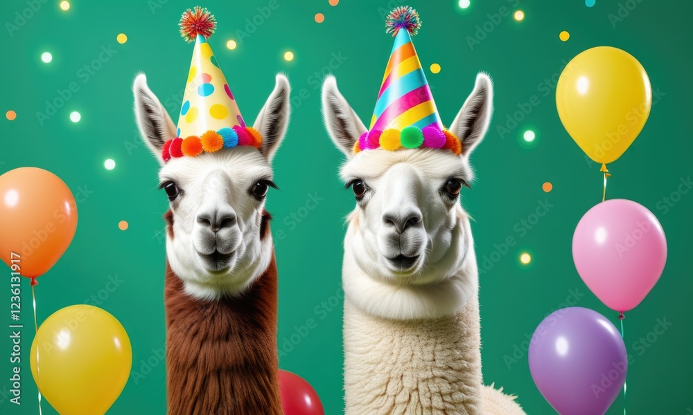 Fototapeta premium Festive llamas in party hats with colorful balloons and bokeh lights