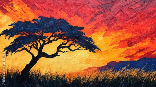 Vibrant Sunset Over African Savanna with Silhouetted Tree