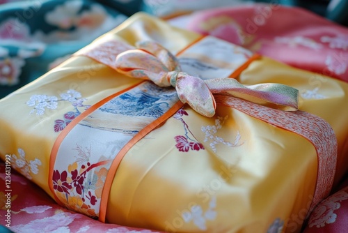Japanese kimono wrapped as a festive and culturally significant gift. Vibrant and ornate flower designs characteristic of Japanese fabric.