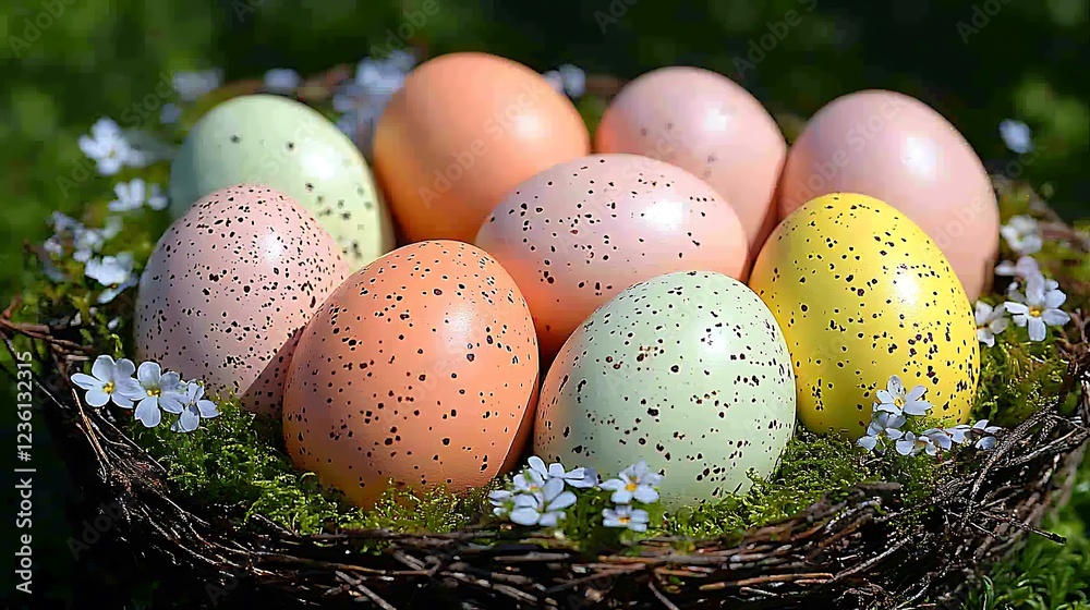 Obraz premium A nest filled with pastel-hued Easter eggs nestled among moss and tiny flowers.