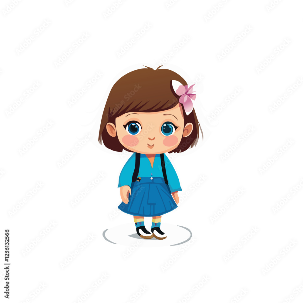 A little girl with brown hair wearing a blue dress. Cartoon child with flower in hair. Coloured vector. A little girl with brown hair wearing a blue dress. Cartoon child with flower in hair. Coloured vector.
