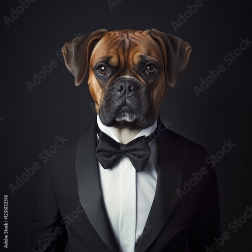 A dog dressed in a tuxedo stands proudly against a dark backdrop, showcasing its charming expression and stylish attire. The outfit adds an amusing touch to the portrait
