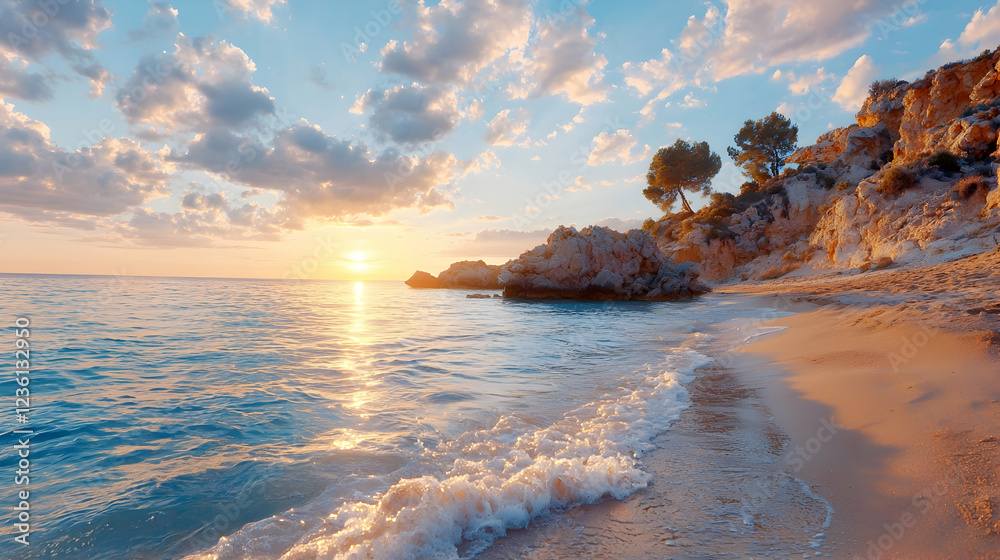 Obraz premium Gentle ocean waves wash onto a sandy beach during a vibrant sunset with rocky cliffs and trees in the background.