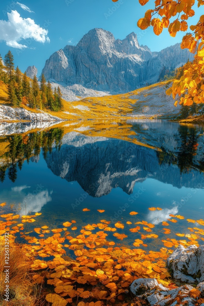 Obraz premium Autumn colors reflected in a serene mountain lake