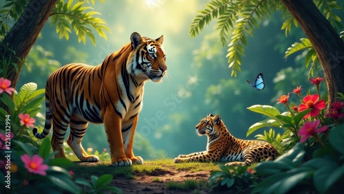 Majestic tiger and young leopard resting peacefully in a vibrant jungle scene, surrounded by lush foliage and a delicate butterfly