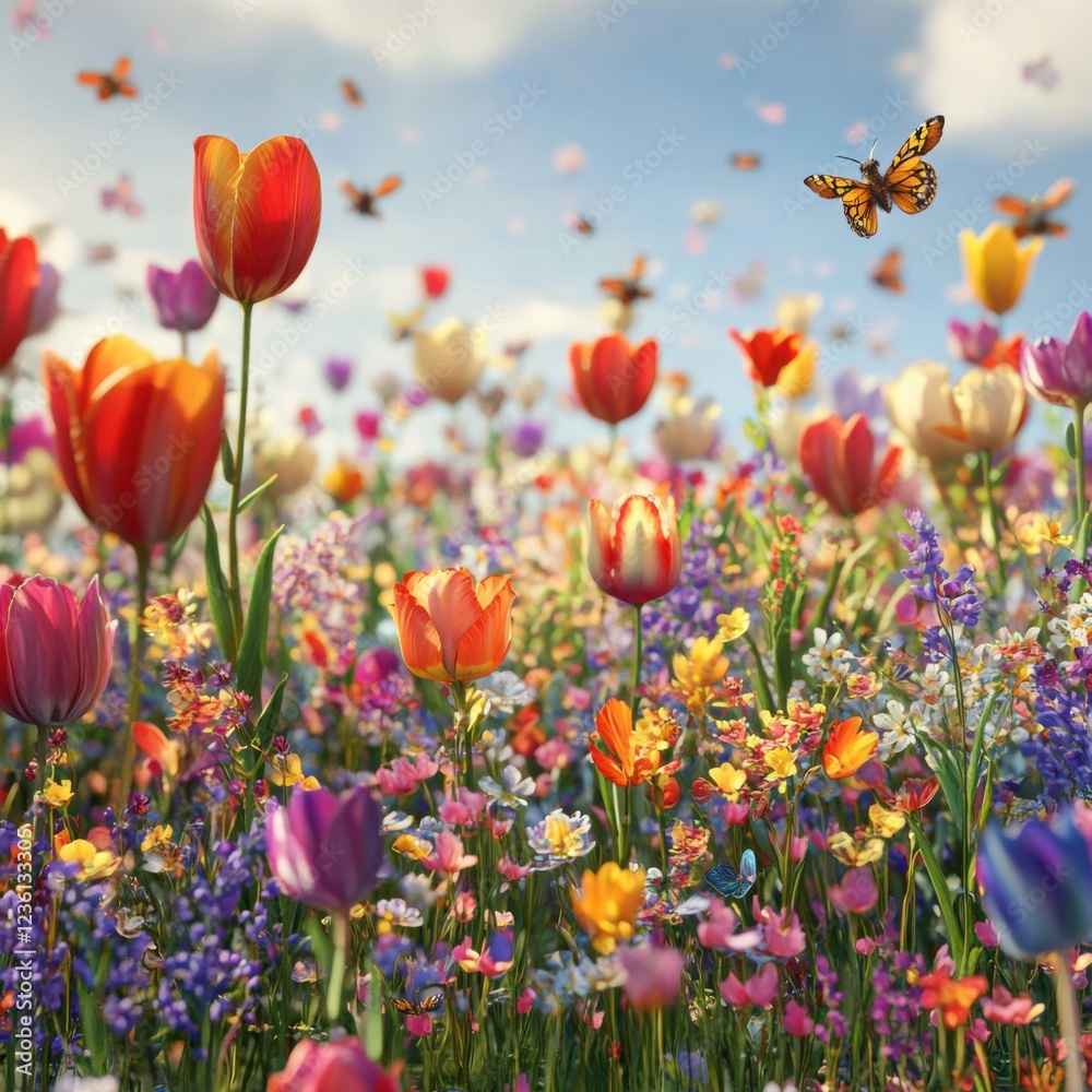 A colorful flower field, a mix of tulips, daisies, and other flowers in various shades, bees and butterflies flying around, a clear blue sky in the background, field of flowers, Generative AI
A colorful flower field, a mix of tulips, daisies, and other flowers in various shades, bees and butterflies flying around, a clear blue sky in the background, field of flowers, Generative AI