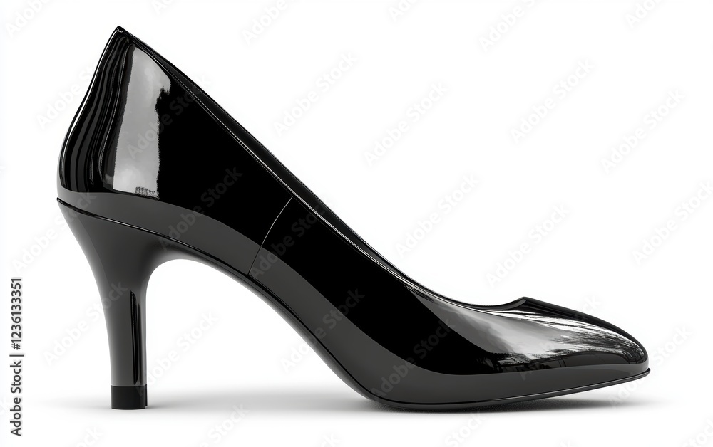 Obraz premium Pair of high-heeled shoes in glossy black finish isolated on a white background