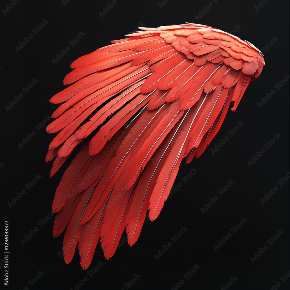 Obraz premium A vibrant red wing is elegantly displayed, highlighting the intricate arrangement of its feathers. The striking contrast against the dark background emphasizes the textures and shapes