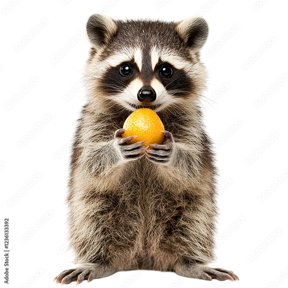 Fototapeta premium Adorable Baby Raccoon Holding a Juicy Orange Fruit Cute Wildlife Animal Photography Studio Shot Isolated transparent background pet food icon funny sweet 