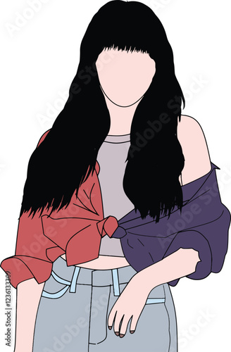 Minimalist illustration portraying a woman with a confident pose, styled outfit, and casual setting. Perfect for concepts of individuality, creativity, and fashion.