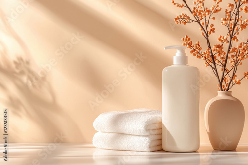 Minimalist spa scene with skincare bottle and towels on beige background photo