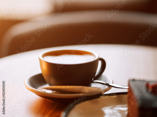 Cozy cafe setting with a cup of steaming coffee and a slice of cake by the window during golden hour