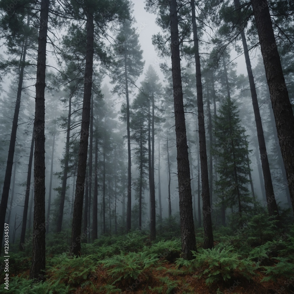 Fototapeta premium A mystical foggy forest with tall pine trees.
