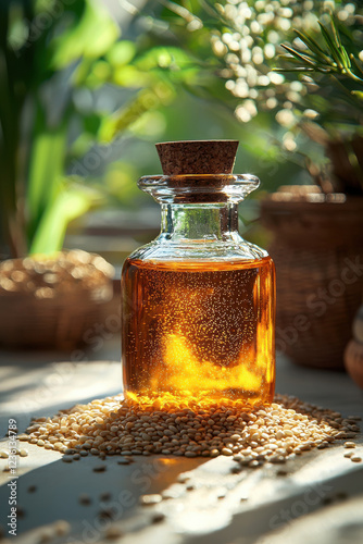 Golden sesame oil in sunlit glass bottle surrounded by seeds and greenery