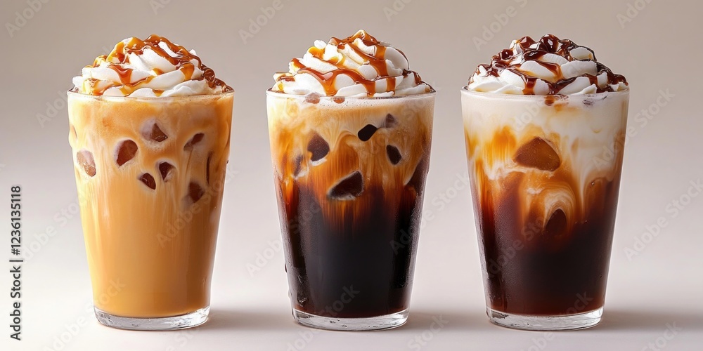 Set of four ice coffee beverages with various toppings, including whipped cream, nuts and caramel. Set of four ice coffee beverages with various toppings, including whipped cream, nuts and caramel.