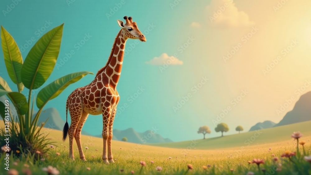 Obraz premium A young giraffe stands in a serene meadow, bathed in the warm glow of the setting sun, amidst lush greenery and wildflowers, a tranquil scene of wildlife in a peaceful landscape.