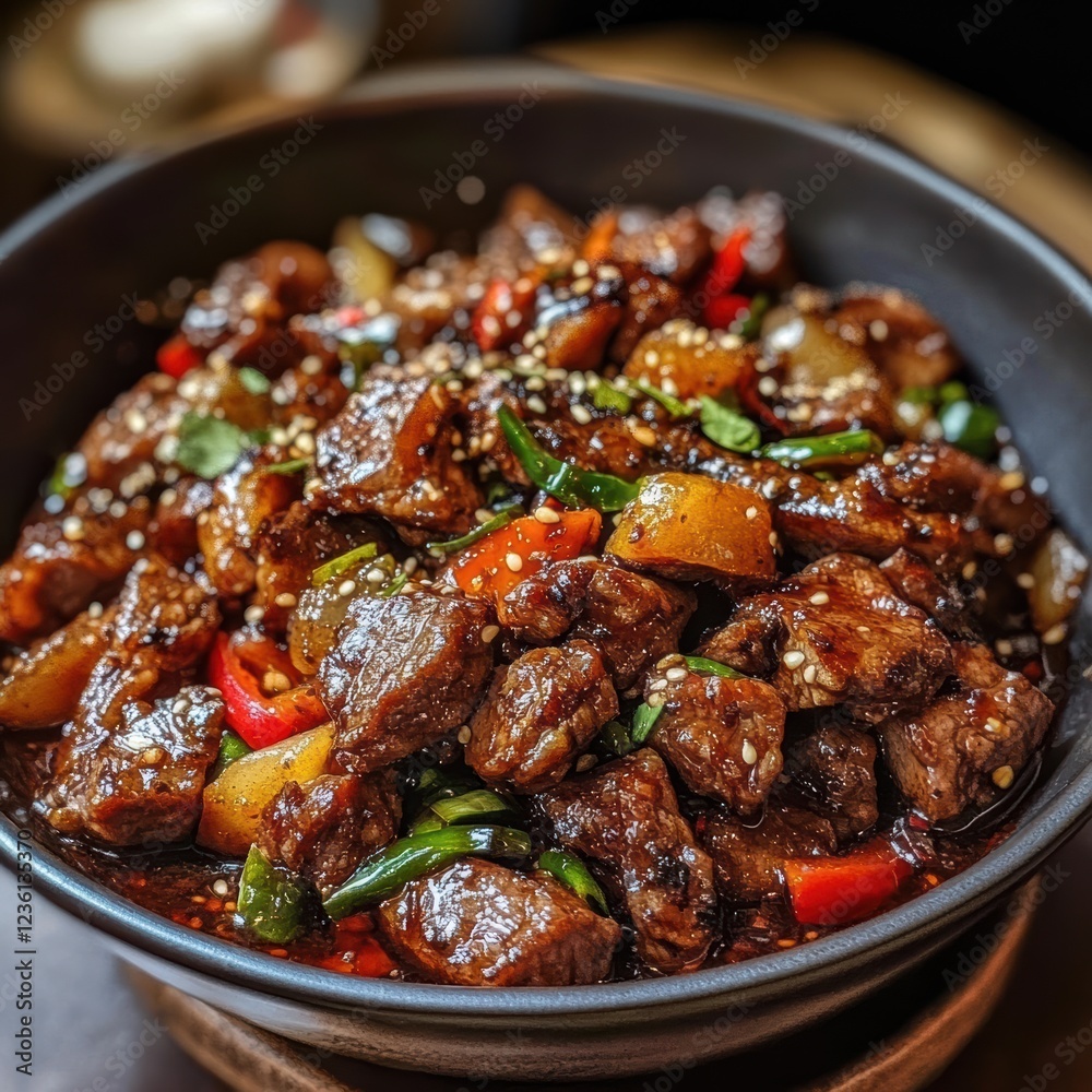 Tender chunks of beef are stir-fried with colorful vegetables in a rich, dark sauce, garnished with sesame seeds, creating an appetizing dish perfect for lunch or dinner Tender chunks of beef are stir-fried with colorful vegetables in a rich, dark sauce, garnished with sesame seeds, creating an appetizing dish perfect for lunch or dinner