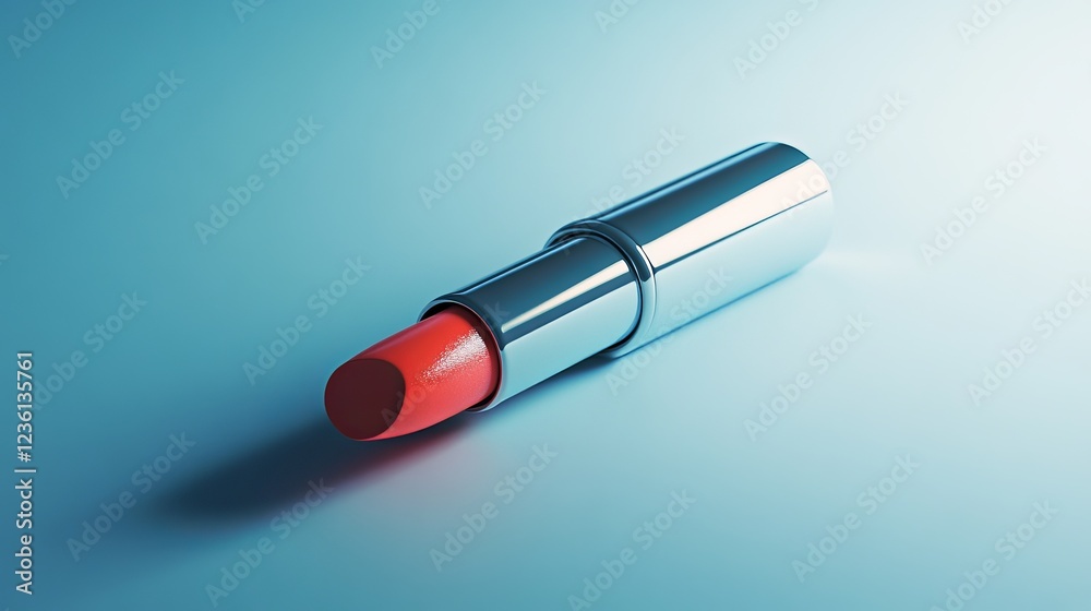 Bright red lipstick lies elegantly on a smooth blue surface reflecting soft light