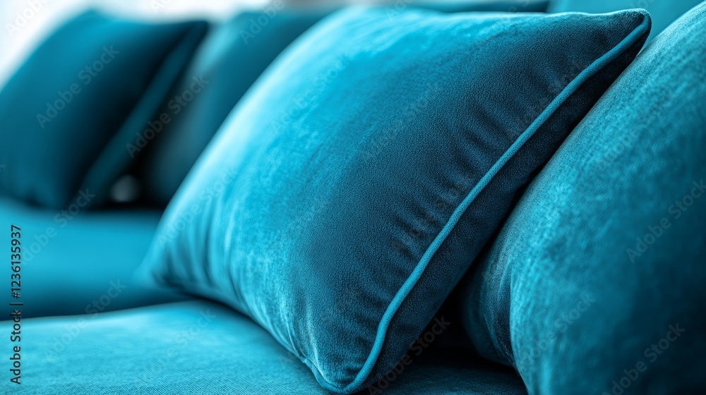 Obraz premium Soft turquoise pillows arranged on a modern couch in a bright living room with natural light streaming in
