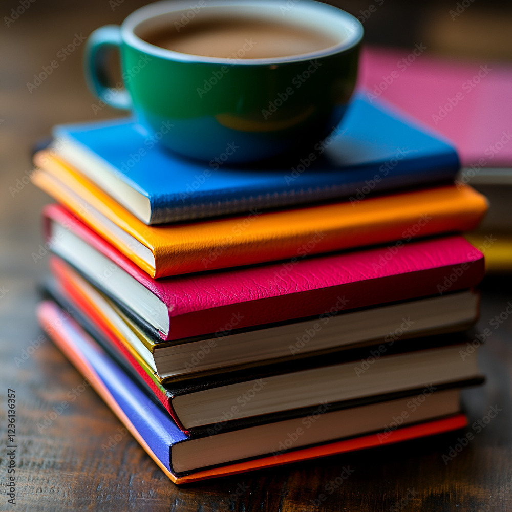 Stack of Books and Coffee: A close-up shot of a stack of colorful books with a vibrant mug of coffee atop them. Stack of Books and Coffee: A close-up shot of a stack of colorful books with a vibrant mug of coffee atop them.