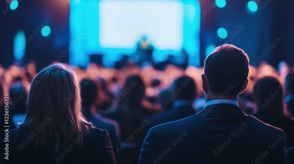 Audience viewing a presentation at a corporate event, engaging in thought, networking opportunities, and discussions about industry trends and innovations. Audience viewing a presentation at a corporate event, engaging in thought, networking opportunities, and discussions about industry trends and innovations.