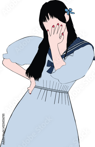 A digital drawing showcasing a woman standing in a blue outfit, partially obscuring her face with her hand, with stylized details portraying a unique expressive pose and artistic fashion.