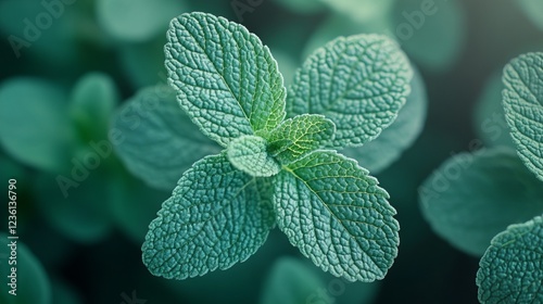 Fresh mint leaves with rich green color illuminated by soft light in a garden setting