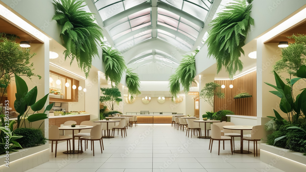 Fototapeta premium Luxurious restaurant with palm trees inside with a large glass atrium with wooden walls and fashionable furniture. 3d rendering.