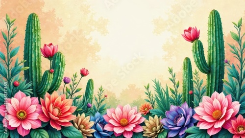 Vibrant Desert Bloom A Serene Composition of Succulents and Colorful Blossoms, Featuring a Soft, Warm Background with Lush Greenery and a Delicate Array of Petals