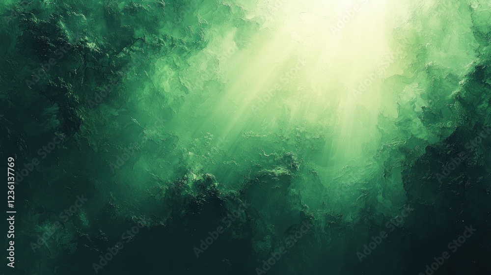 Fototapeta premium Light rays shining through dark green clouds, creating a dramatic, ethereal atmosphere