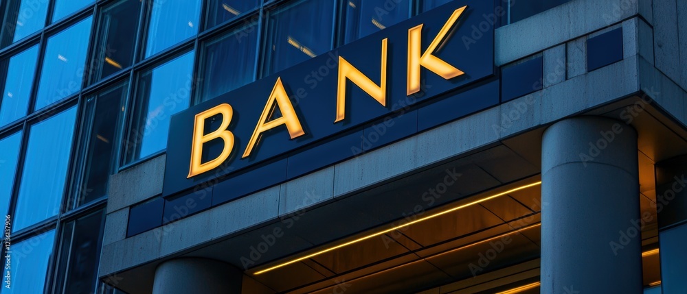 Obraz premium Banking institution exterior at dusk with illuminated sign showcasing financial services, attracting customers seeking loans, investments, and savings solutions.