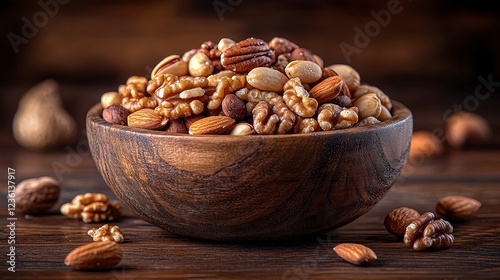 Wooden bowl of mixed nuts on dark wood.  Healthy snack food photography