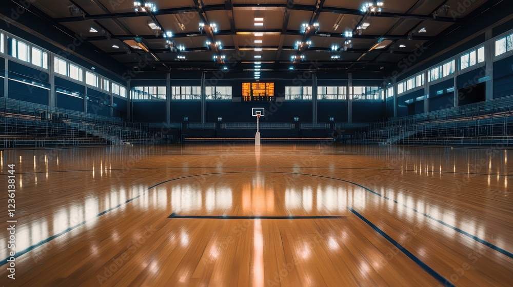 Fototapeta premium Basketball court interior with polished wood floor and scoreboard in sports arena. Empty gym space for games, practice sessions or athletic events.