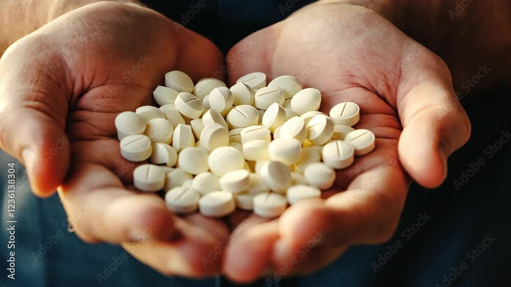 A male patient holds a handful of white pills in his palm. A male patient holds a handful of white pills in his palm.
