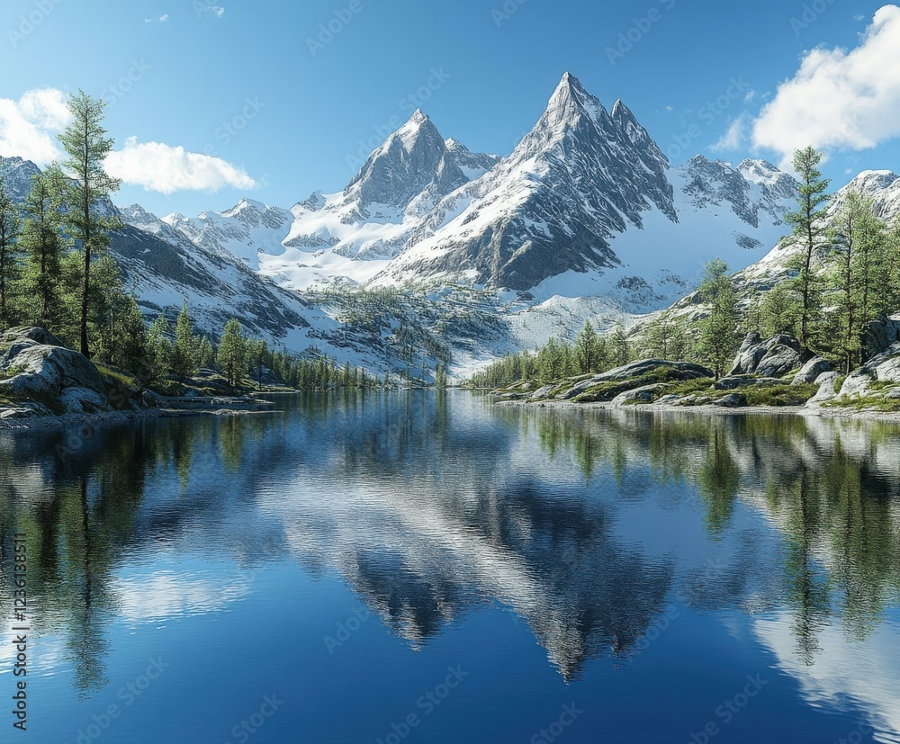 Majestic mountains reflect in calm lake under clear sky Majestic mountains reflect in calm lake under clear sky
