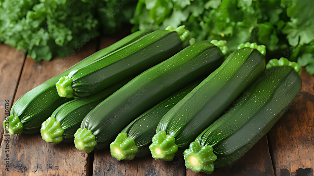 Fresh green zucchini harvest on rustic wood, kale background, healthy food Fresh green zucchini harvest on rustic wood, kale background, healthy food