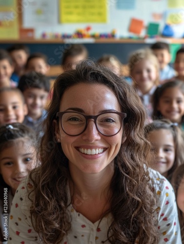 Woman with glasses teaching children