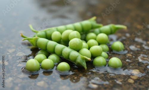 Fresh green peas in water droplets photo