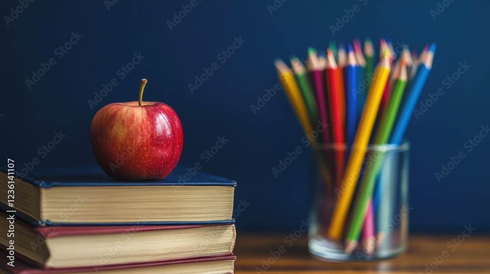 Books stacked on a wooden table with a red apple and a glass jar of colorful pencils in a classroom setting, signifying education and learning tools for students. Books stacked on a wooden table with a red apple and a glass jar of colorful pencils in a classroom setting, signifying education and learning tools for students.
